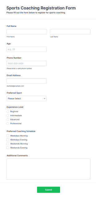 Sports Coaching Registration Form Template