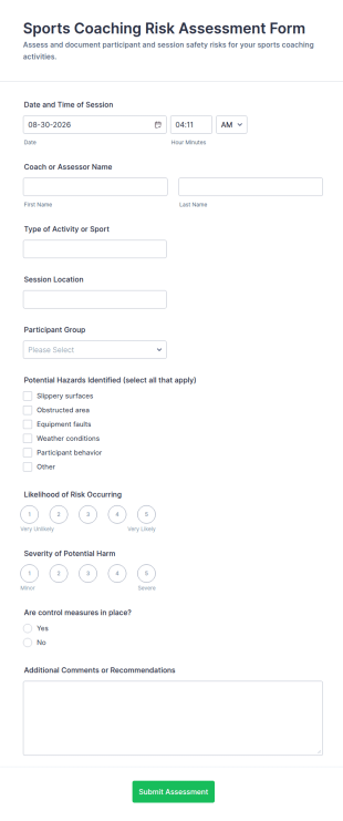 Sports Coaching Risk Assessment Form Template