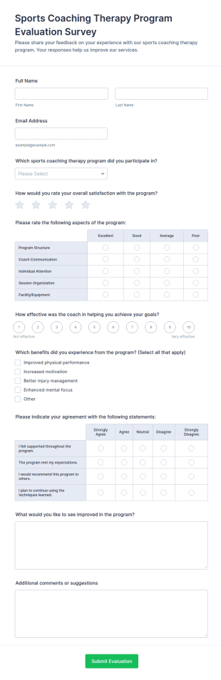 Sports Coaching Therapy Program Evaluation Survey Form Template