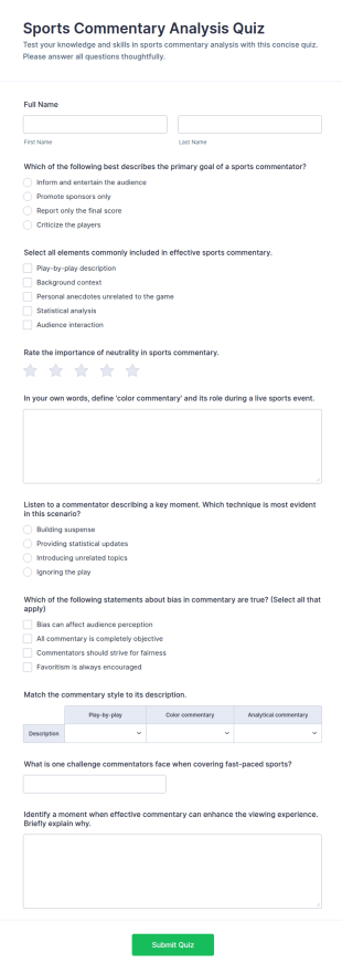 Sports Commentary Analysis Quiz Form Template