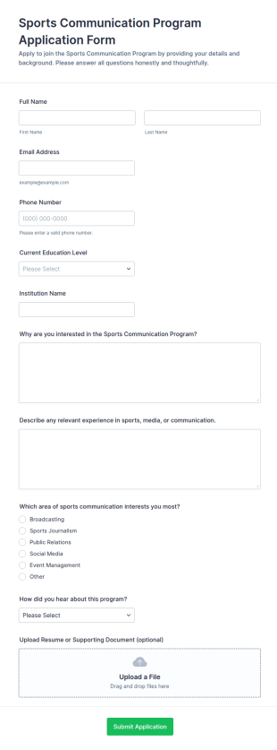 Sports Communication Program Application Form Template