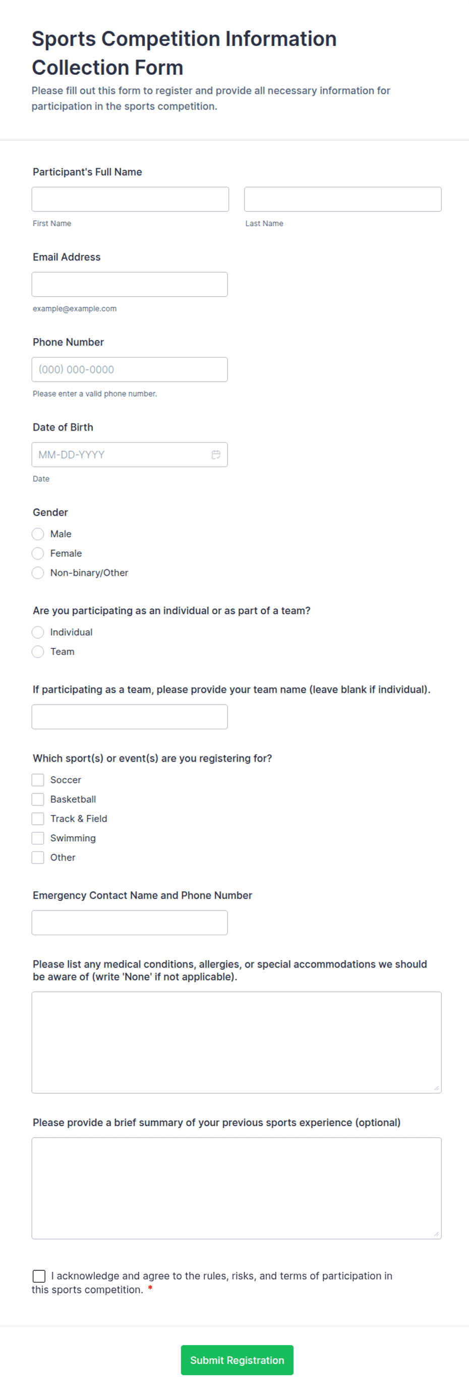 Sports Competition Information Collection Form Template | Jotform