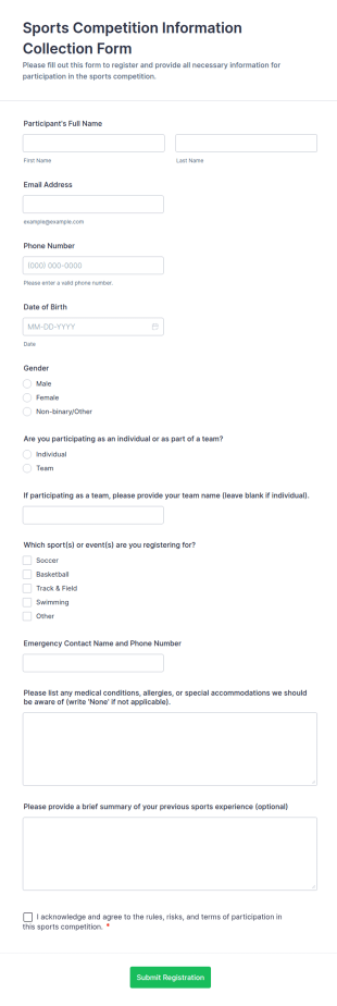 Sports Competition Information Collection Form Template