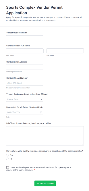 Sports Complex Vendor Permit Application Form Template