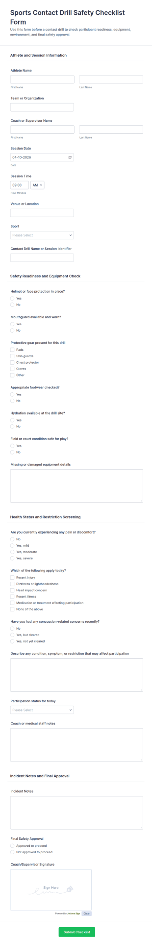 Sports Contact Drill Safety Checklist Form Template