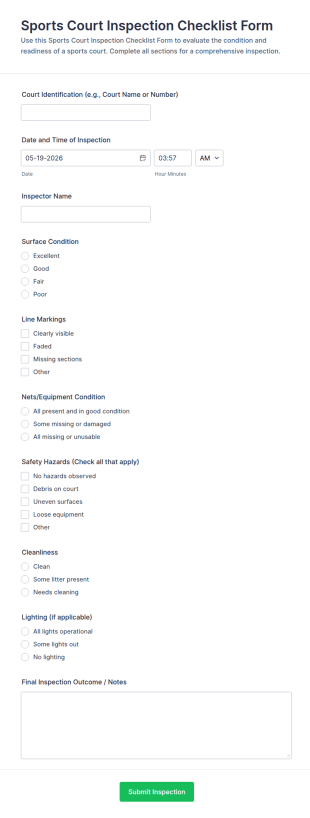 Sports Court Inspection Checklist Form Template