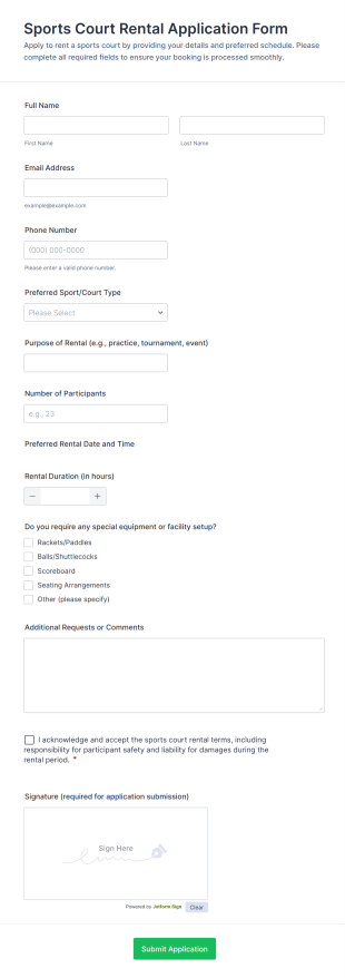 Sports Court Rental Application Form Template