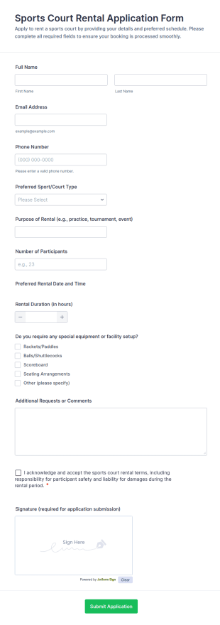 Sports Court Rental Application Form Template