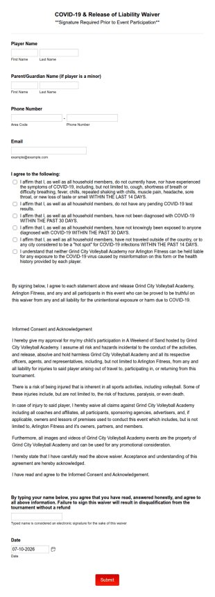Sports COVID 19 And Release Of Liability Waiver Form Template