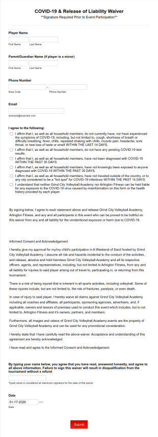 Sports COVID 19 And Release Of Liability Waiver Form Template