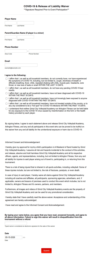 Sports COVID 19 And Release Of Liability Waiver Form Template