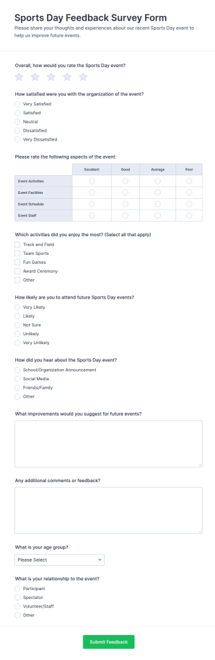 Sports Day Feedback Survey Form Template