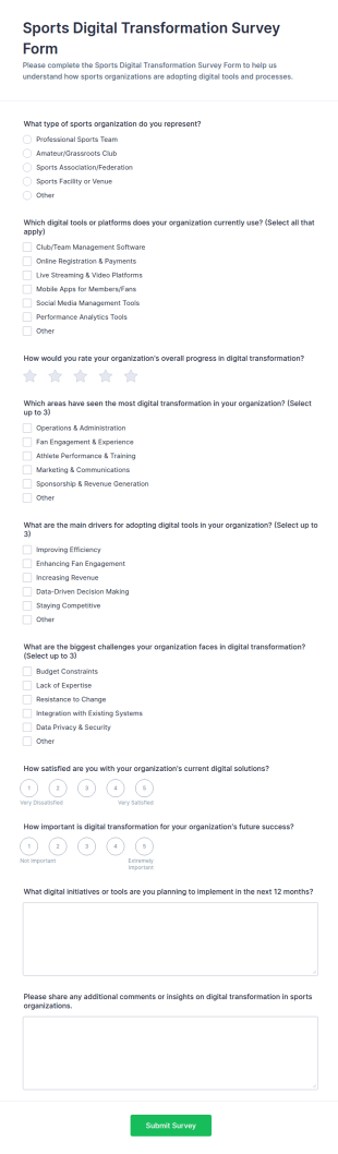 Sports Digital Transformation Survey Form Template