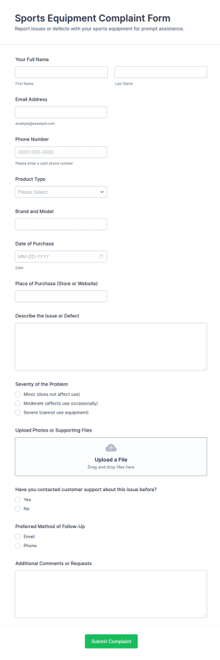 Sports Equipment Complaint Form Template