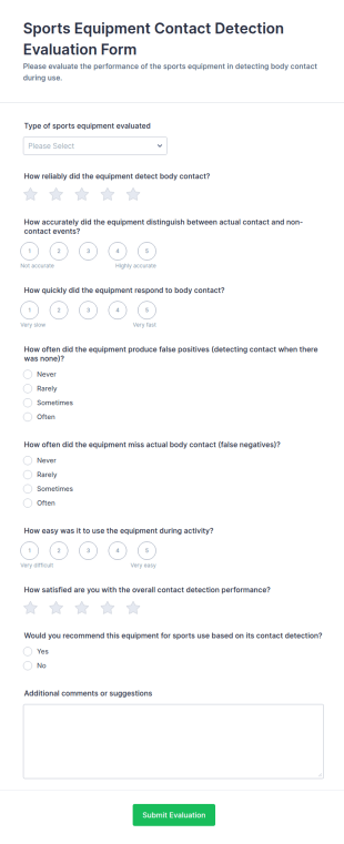 Sports Equipment Contact Detection Evaluation Form Template