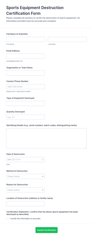 Sports Equipment Destruction Certification Form Template