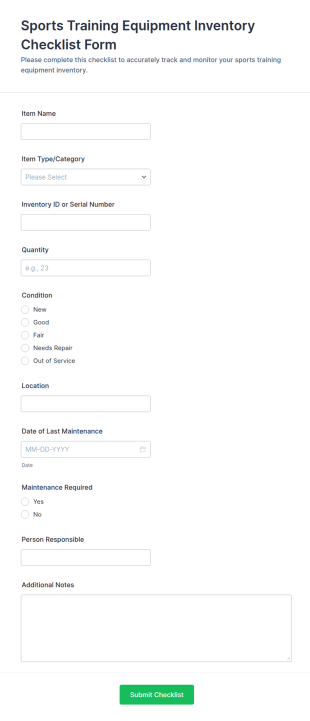 Sports Equipment Inventory Checklist Form Template