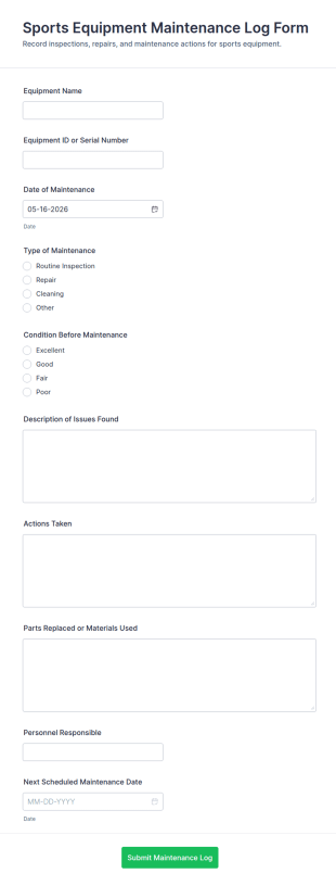 Sports Equipment Maintenance Log Form Template