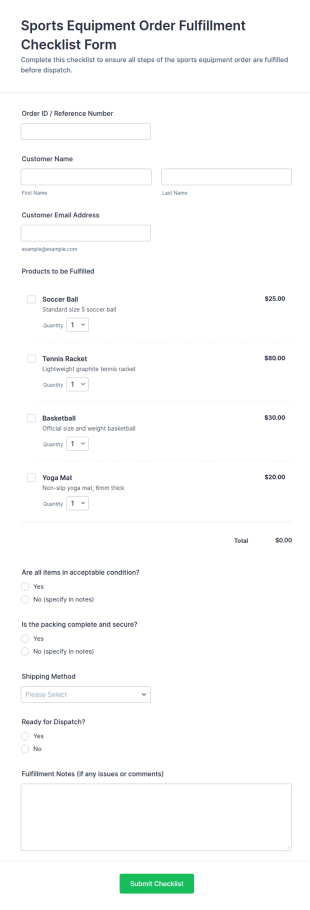 Sports Equipment Order Fulfillment Checklist Form Template