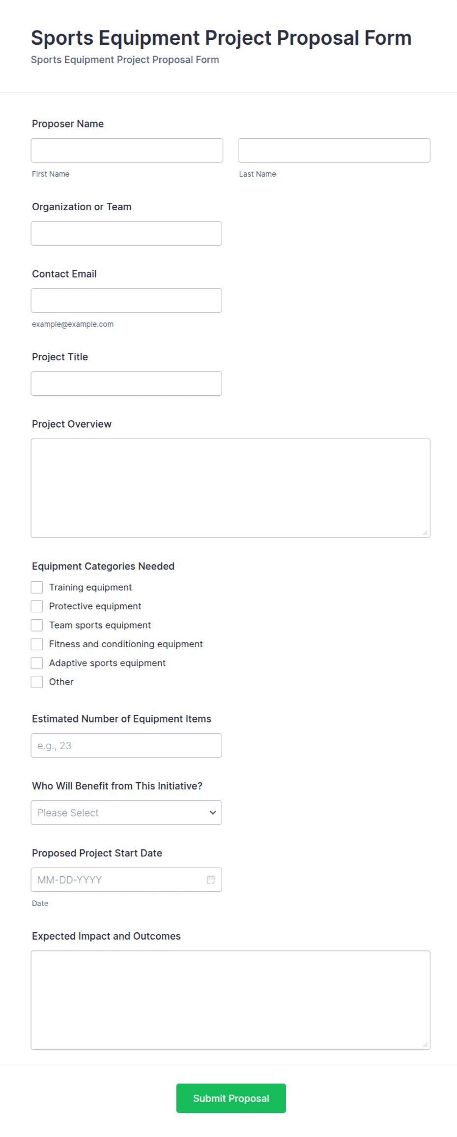 Sports Equipment Project Proposal Form Template | Jotform