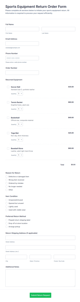 Sports Equipment Return Order Form Template