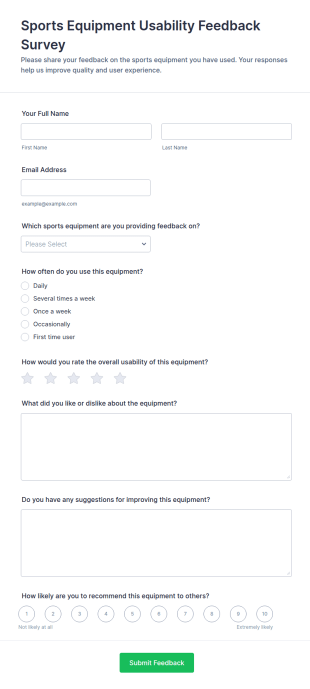 Sports Equipment Usability Feedback Survey Form Template