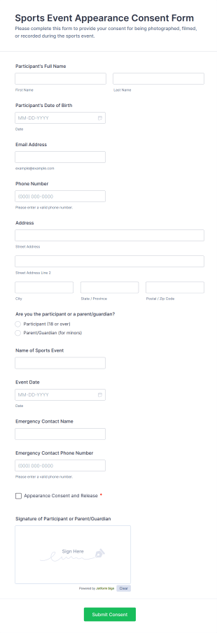 Sports Event Appearance Consent Form Template