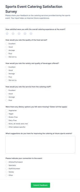 Sports Event Catering Satisfaction Survey Form Template