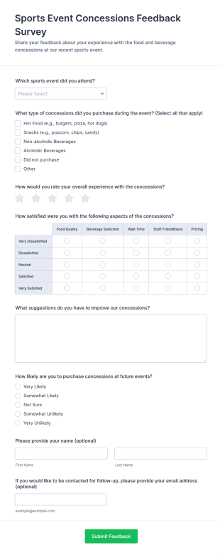 Sports Event Concessions Feedback Survey Form Template
