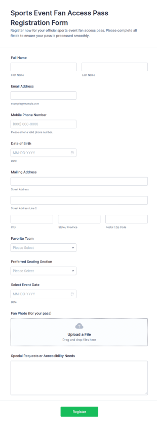 Sports Event Fan Access Pass Registration Form Template