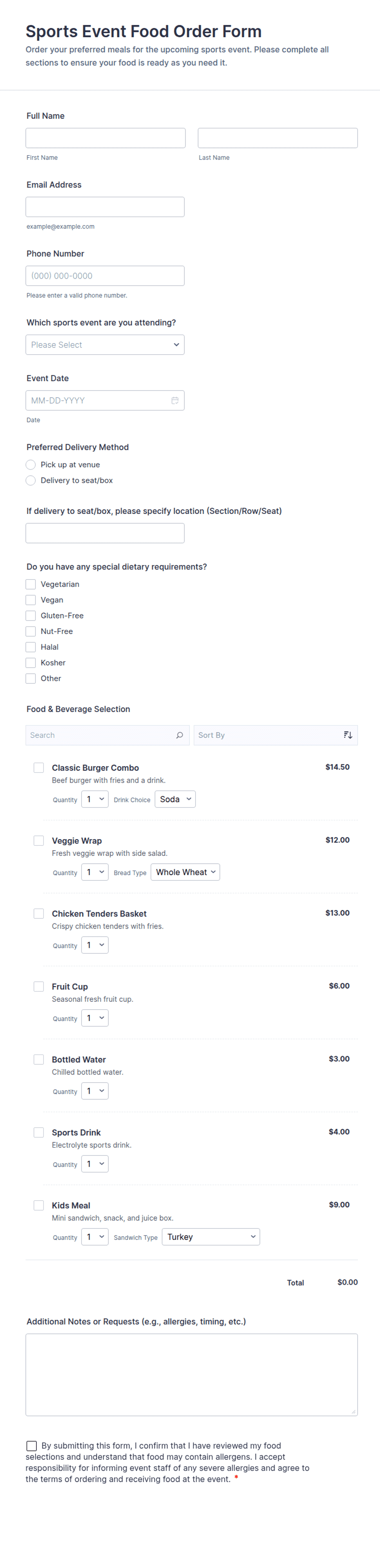 Sports Event Food Order Form Template | Jotform