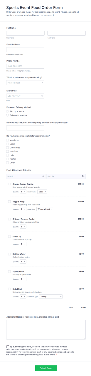 Sports Event Food Order Form Template