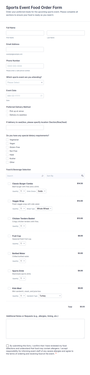 Sports Event Food Order Form Template