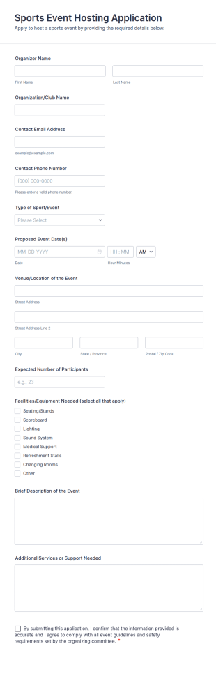 Sports Event Hosting Application Form Template