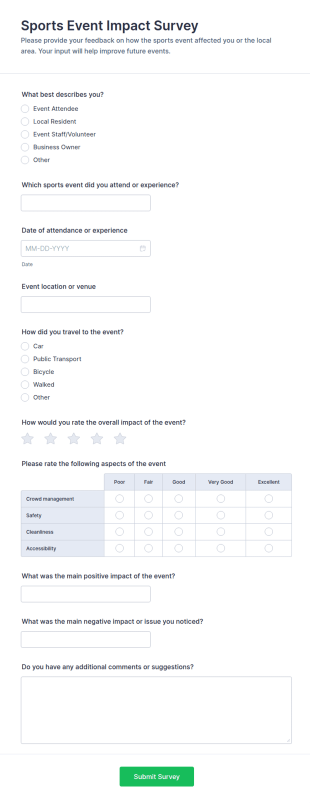 Sports Event Impact Survey Form Template