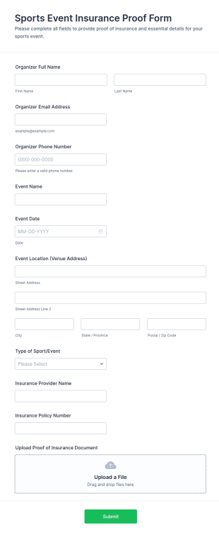 Sports Event Insurance Proof Form Template