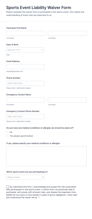 Sports Event Liability Waiver Form Template