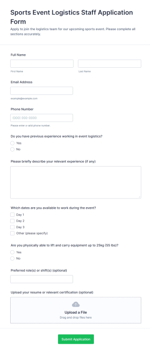 Sports Event Logistics Staff Application Form Template