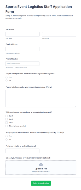 Sports Event Logistics Staff Application Form Template