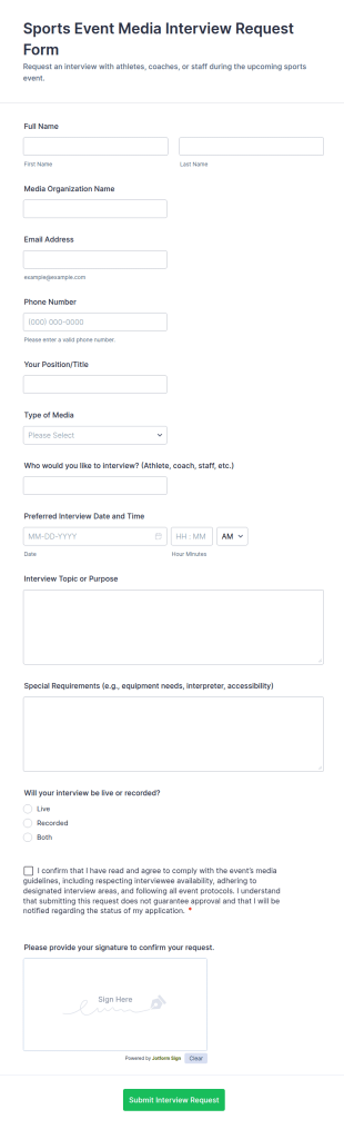 Sports Event Media Interview Request Form Template