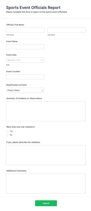 Sports Event Officials Report Form Template