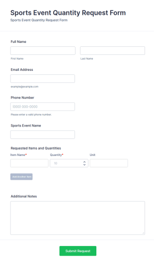 Sports Event Quantity Request Form Template