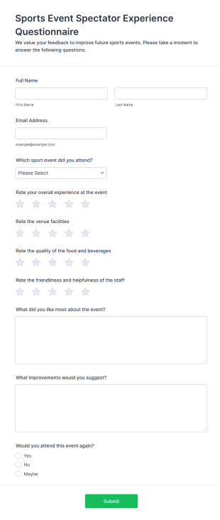 Sports Event Spectator Experience Questionnaire Form Template
