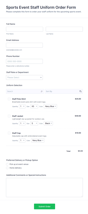 Sports Event Staff Uniform Order Form Template