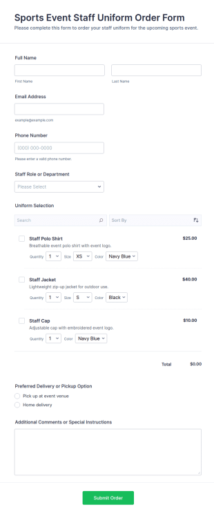 Sports Event Staff Uniform Order Form Template