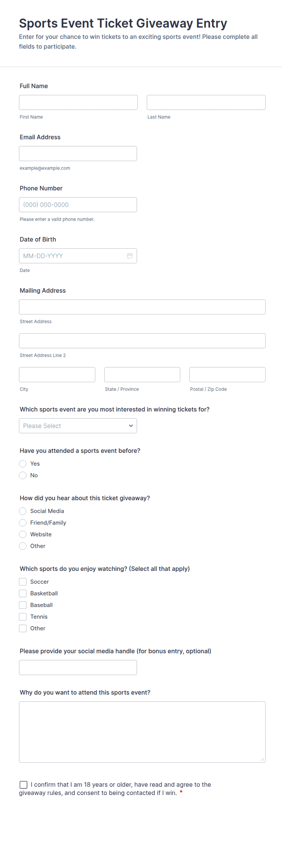 Sports Event Ticket Giveaway Entry Form Template | Jotform