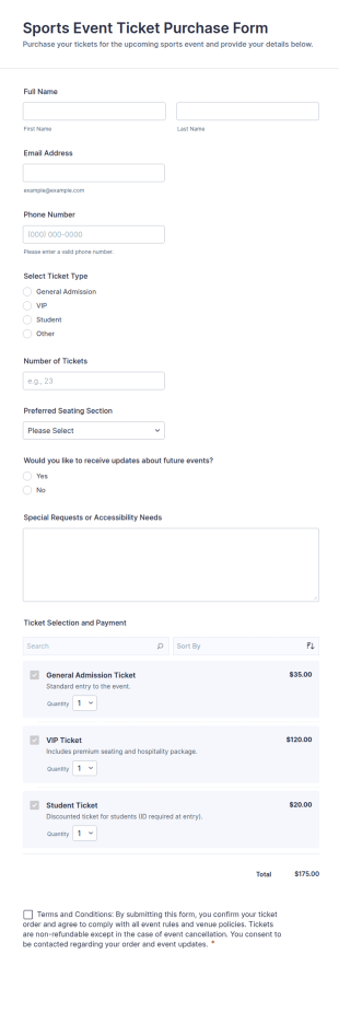 Sports Event Ticket Purchase Form Template