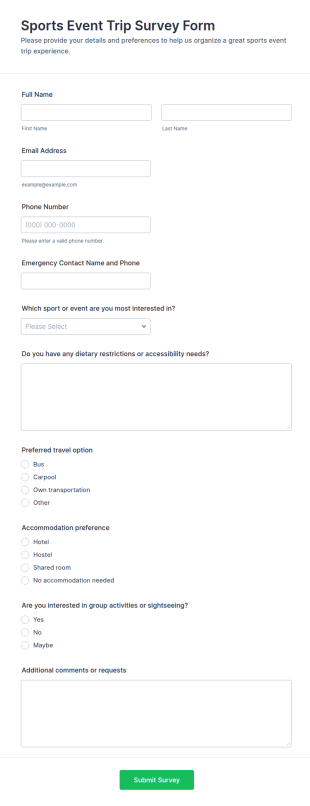 Sports Event Trip Survey Form Template