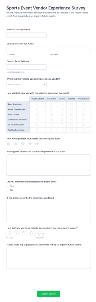 Sports Event Vendor Experience Survey Form Template