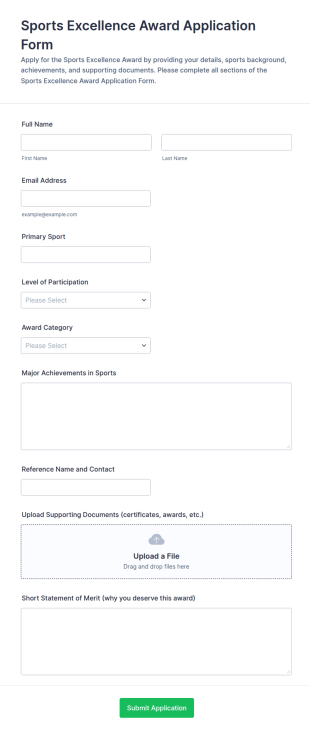 Sports Excellence Award Application Form Template